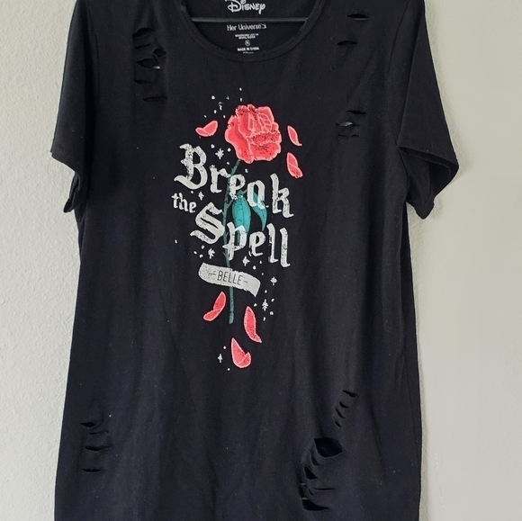 Disney Tee Shirt Women XL Black Beauty & The Beast Break The Spell Distressed - Picture 3 of 14
